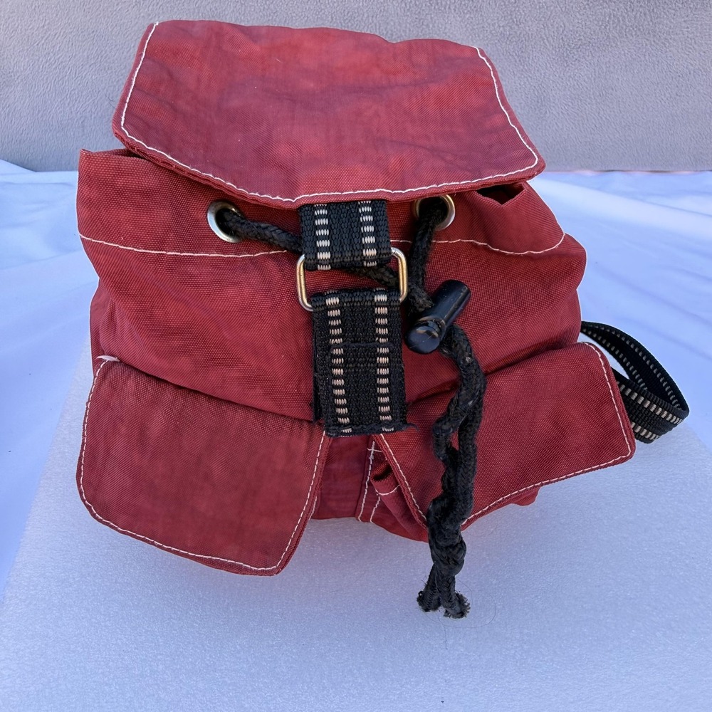 Red Canvas Mini Backpack Women Drawstring Front Pockets Adjustable Straps Travel - Picture 5 of 12